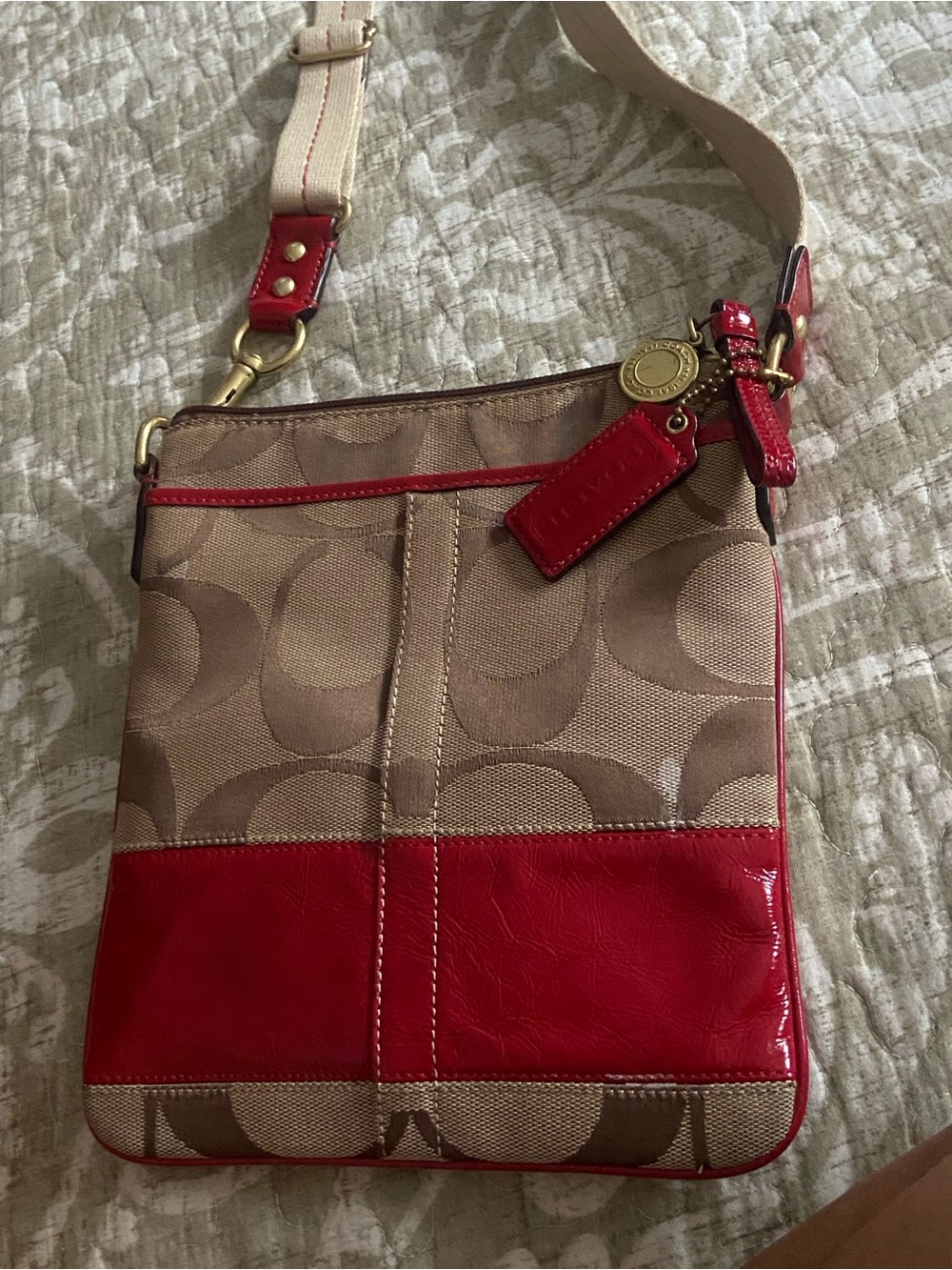 Coach Beige Signature Canvas Crossbody with Red Trim